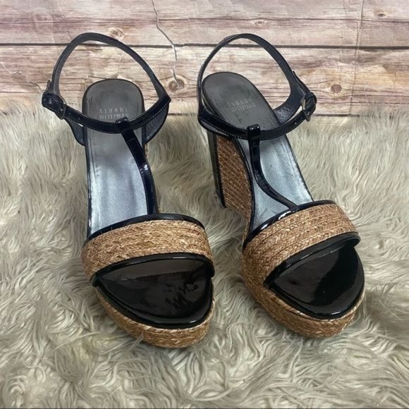 Stuart Weitzman | Natural Straw Espadrille Patent Leather Wedge Platform Sandals - Picture 5 of 11
